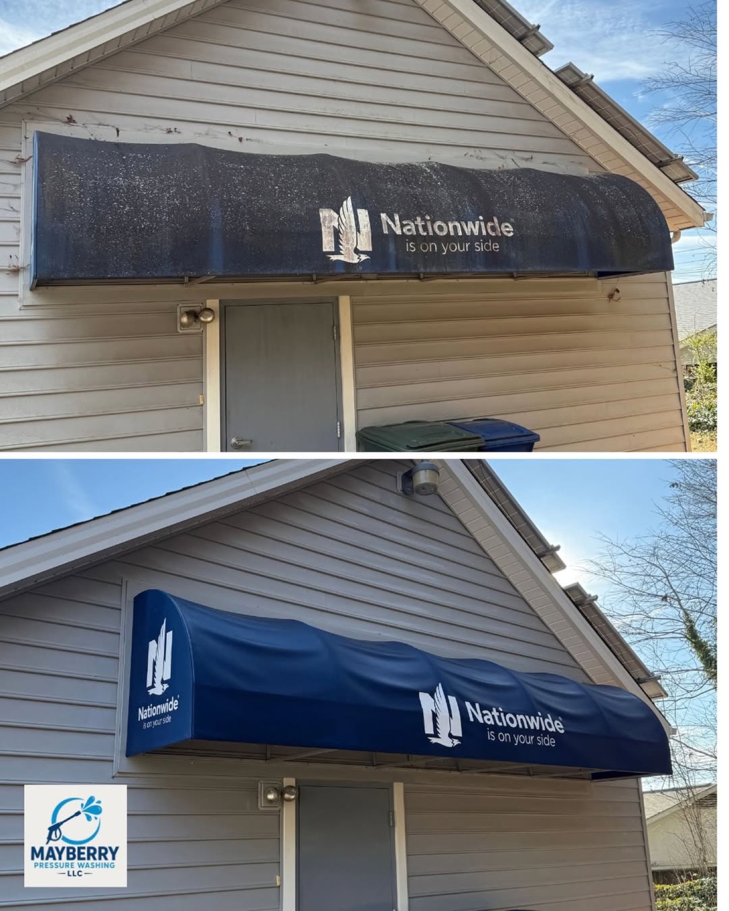 Commercial awning cleaning before and after by Mayberry Pressure Washing