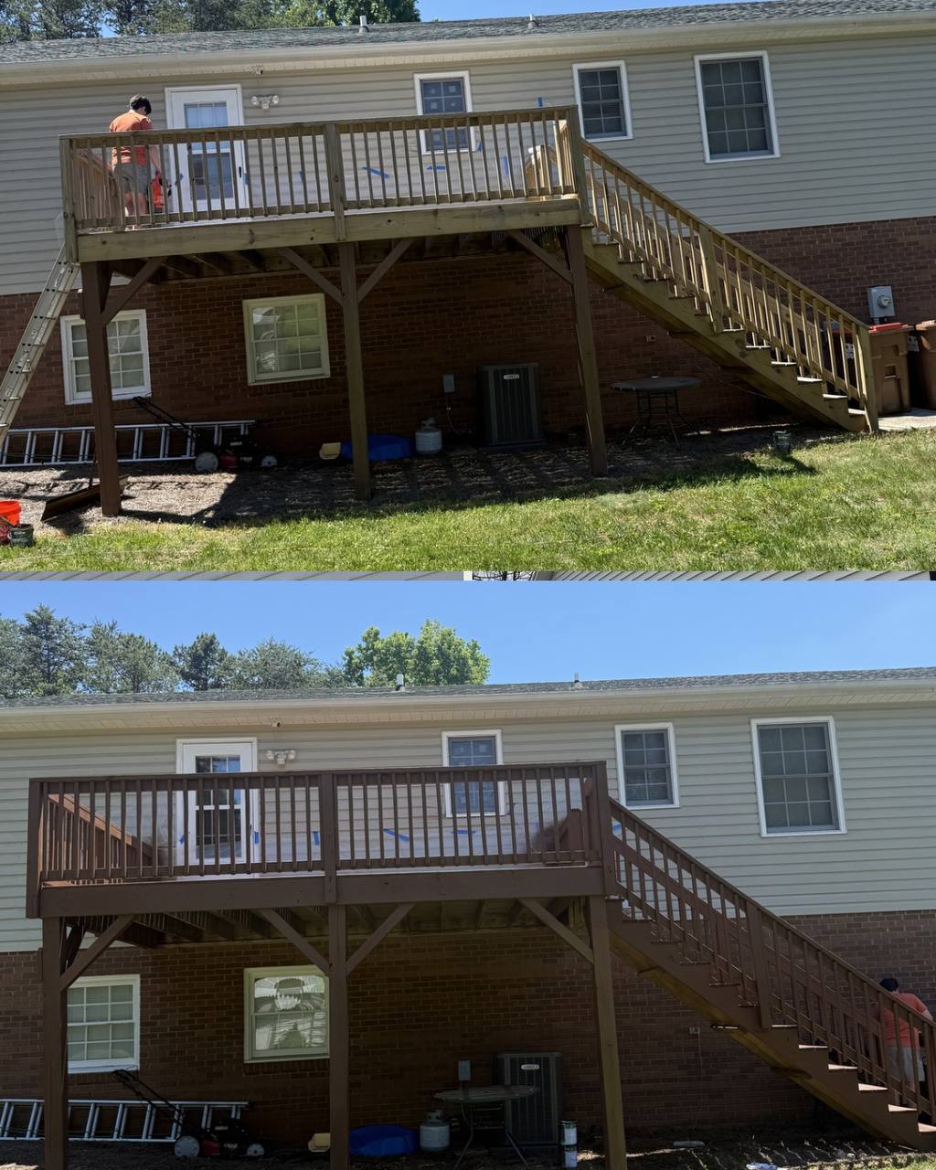 Before and after deck staining by Mayberry Pressure Washing