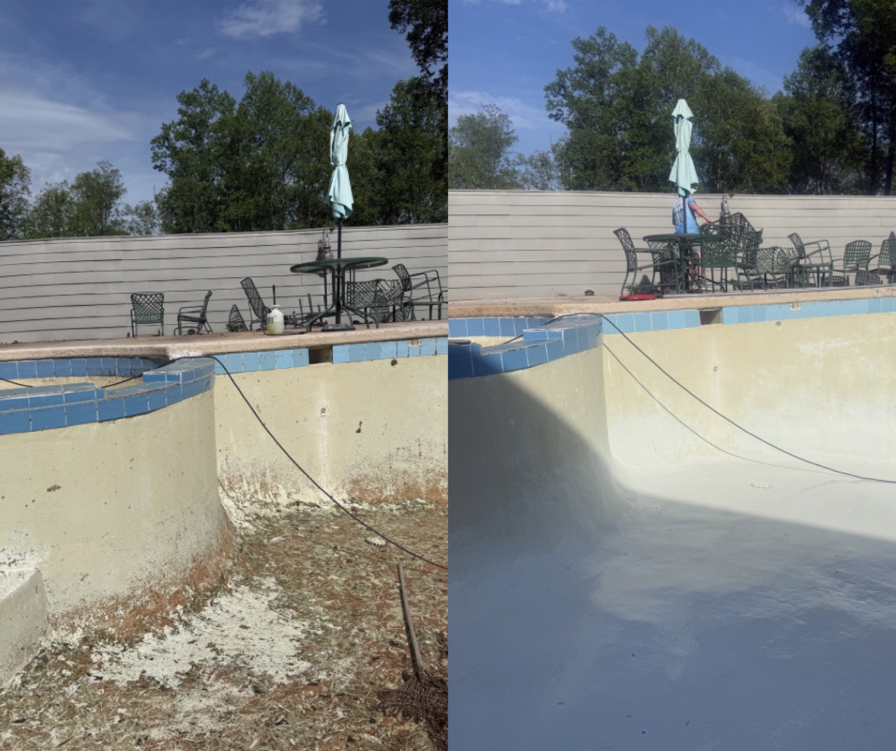 Pool deck surface cleaning before and after by Mayberry Pressure Washing