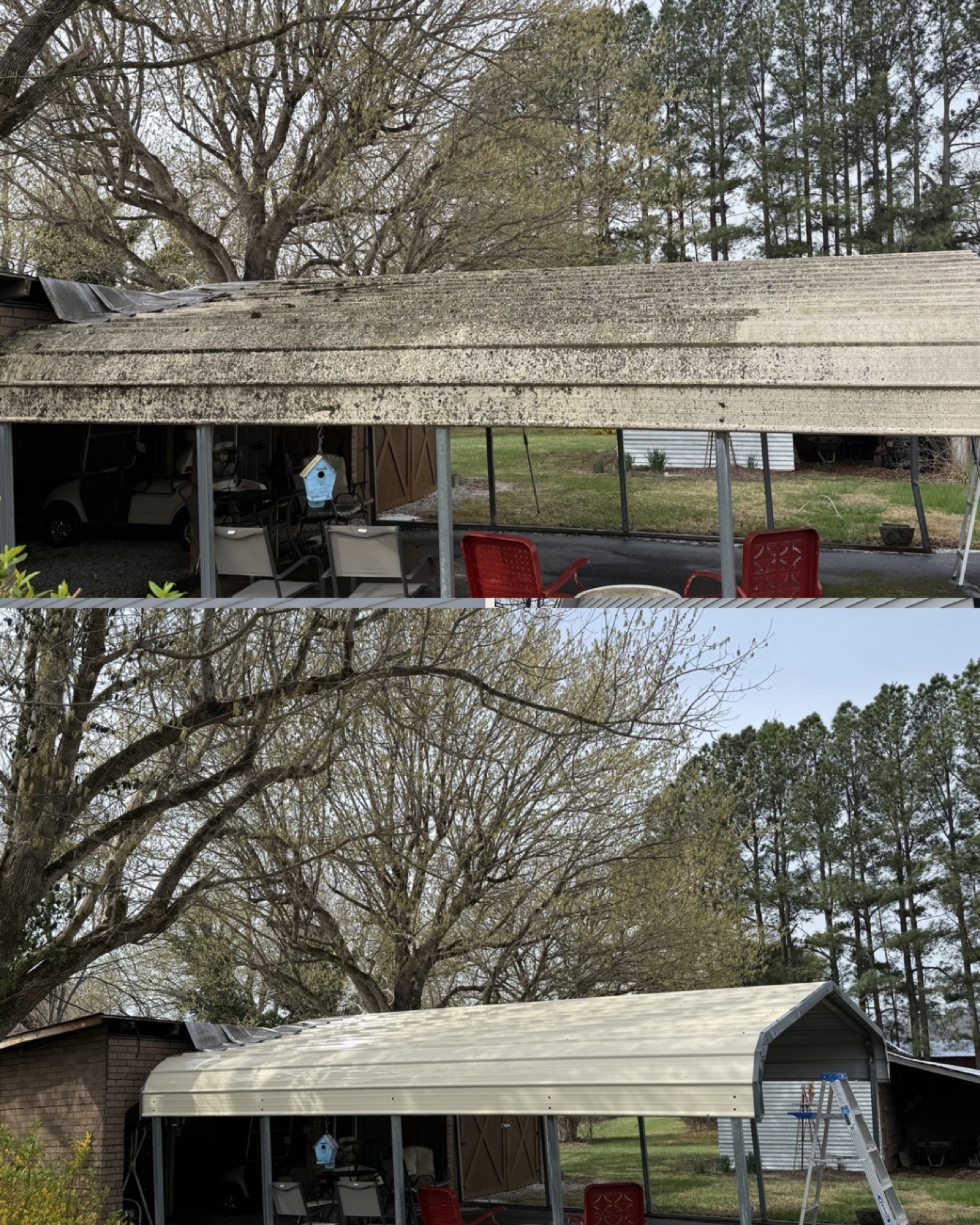 Roof overhang cleaning before and after